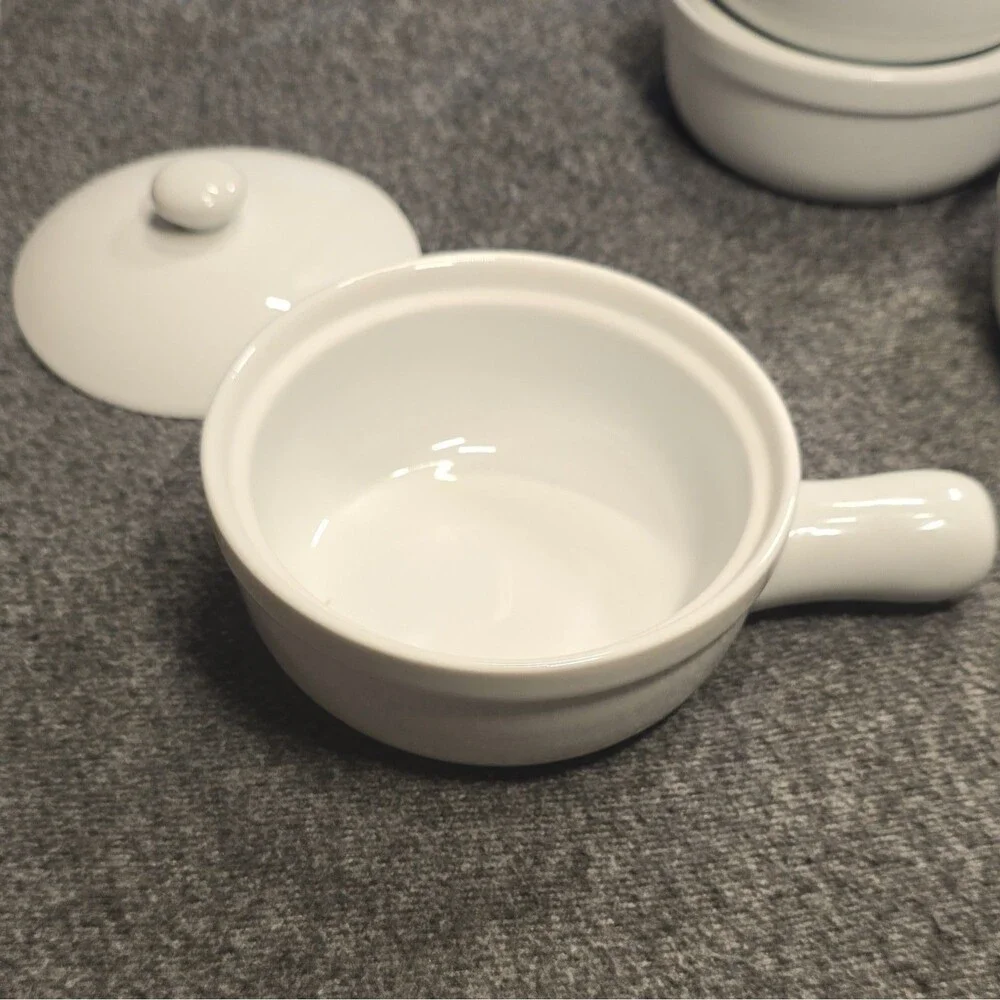 Everyday White Ceramic Bowls with Handles & Lids, Microwave/Oven Safe, Set of 4